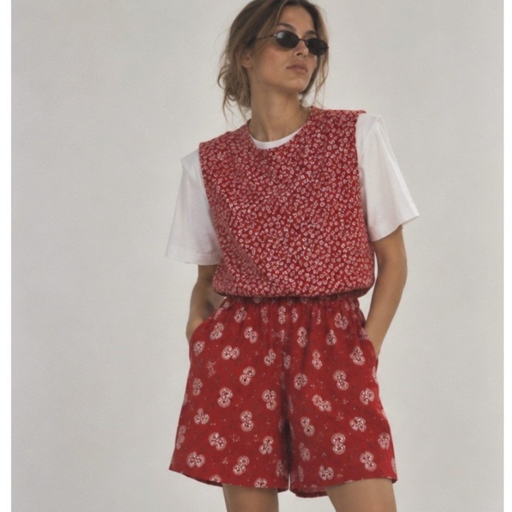 Vintage 90s Jumpsuit Paisley Floral 18 Red White Culotte Western Cowgirl Prairie